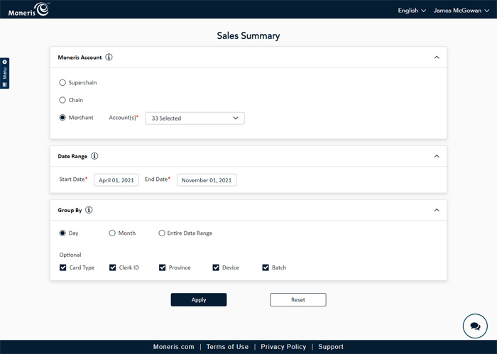 When generating the Sales Summary report, select the accounts and date range, then select the grouping options in the Group By section at the bottom of the screen.